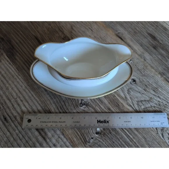 LIMOGES, FRANCE gold encrusted M. REDON 10" Gravy Boat Attached Under Plate - Picture 15 of 16